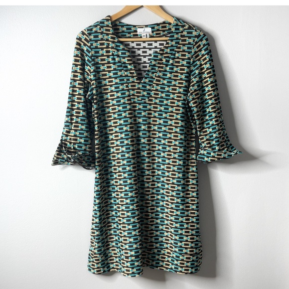 Jude Connally Dress Chain Link Print Geo Brown Blue Catalina Shift Dress Medium - Picture 15 of 15